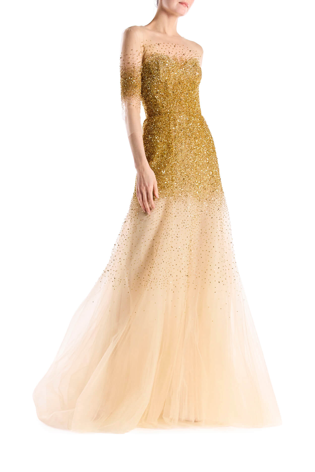 Monique Lhuillier illusion neckline and sheer 3/4 sleeve ballgown with cascading gold embroidery.