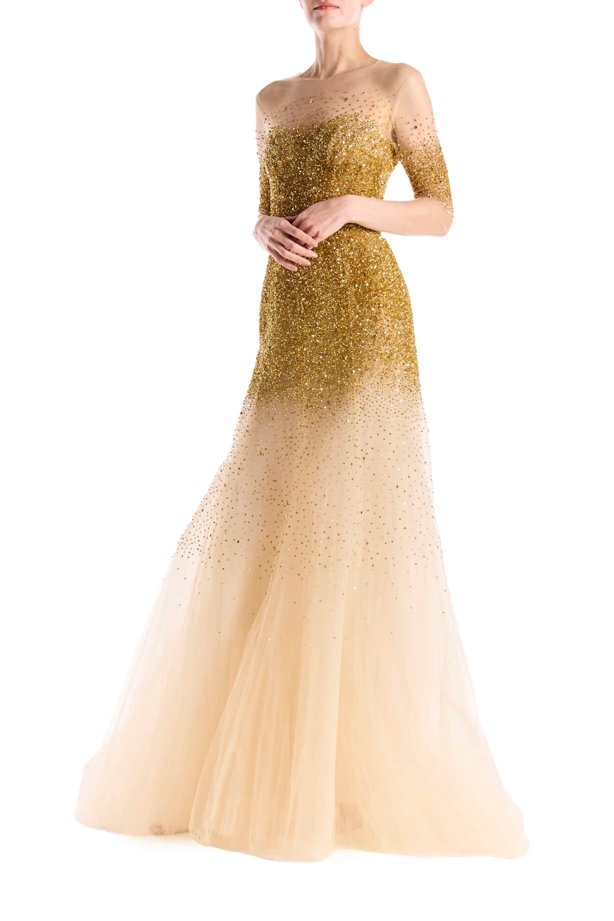 Monique Lhuillier illusion neckline and sheer 3/4 sleeve ballgown with cascading gold embroidery.