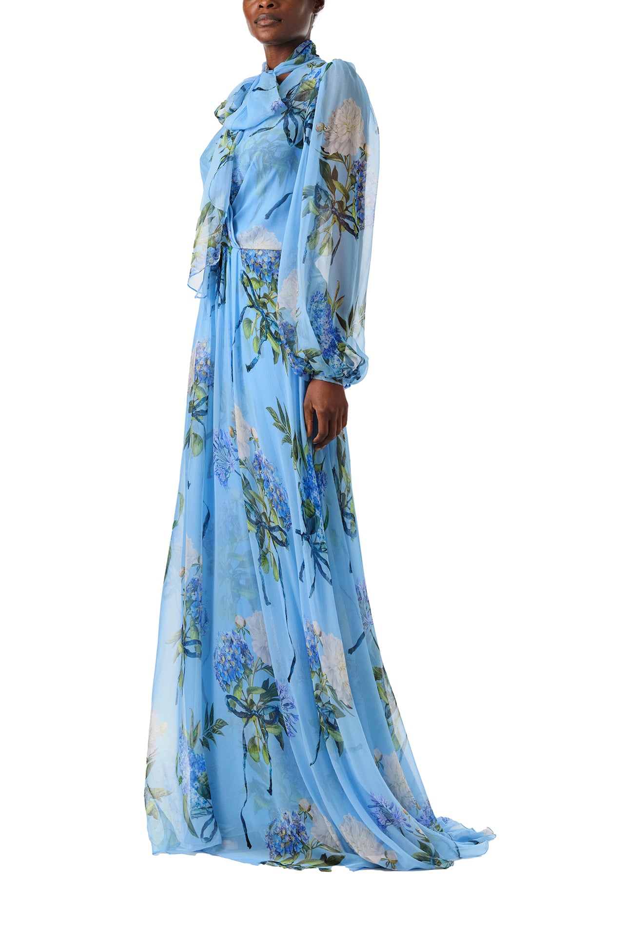 Floral Printed Chiffon Long Sleeve Gown 2 / Sky Blue/Multi