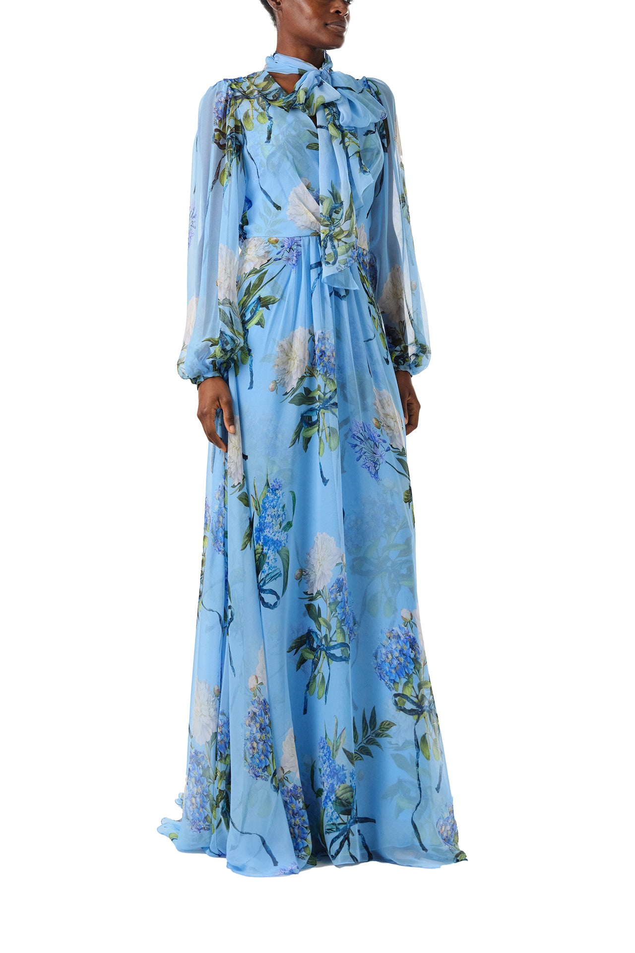 Floral Printed Chiffon Long Sleeve Gown 2 / Sky Blue/Multi Floral Printed Chiffon Long Sleeve Gown 2 / Sky Blue/Multi