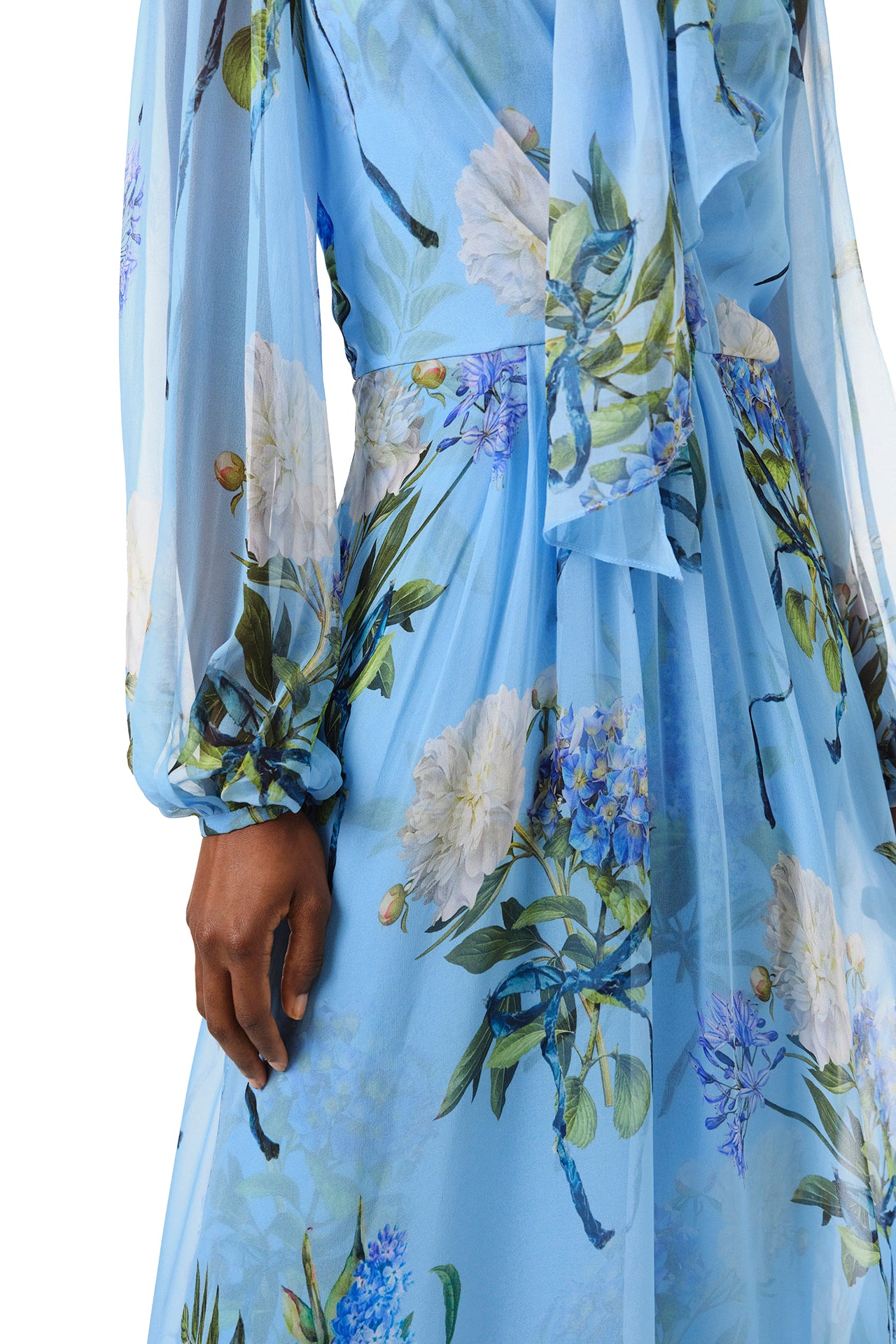 Floral Printed Chiffon Long Sleeve Gown 2 / Sky Blue/Multi