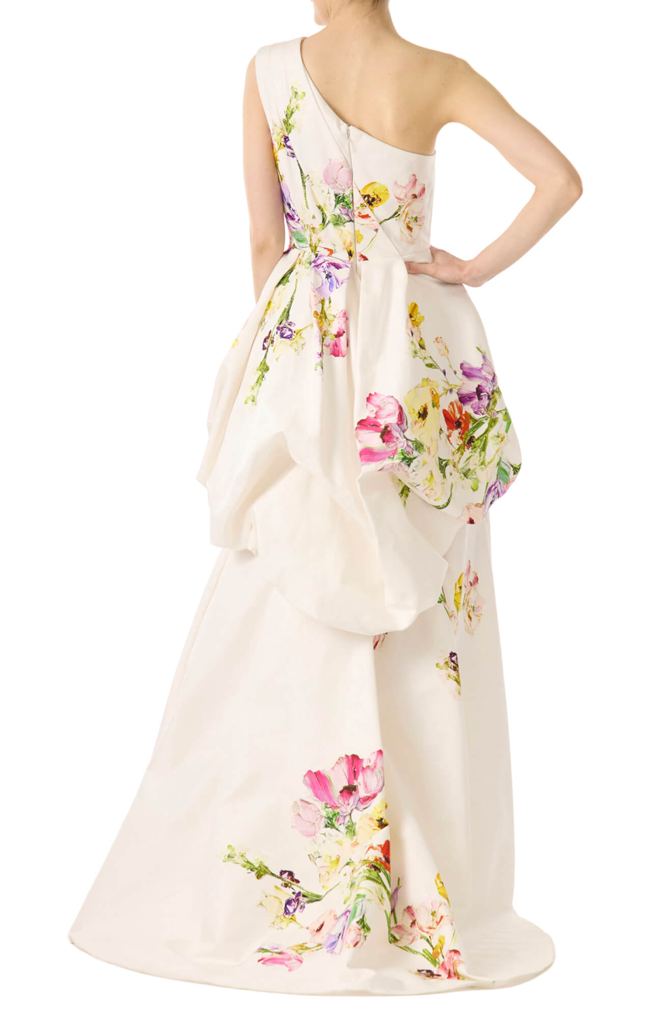 Monique Lhuillier silk white botanical printed mikado gown with one shoulder neckline and tufted skirt.