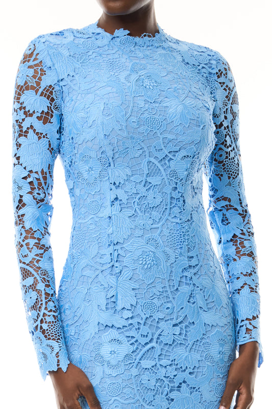 Monique Lhuillier Fall 2023 Bluebelle Lace Long Sleeve Midi Dress - fabric.