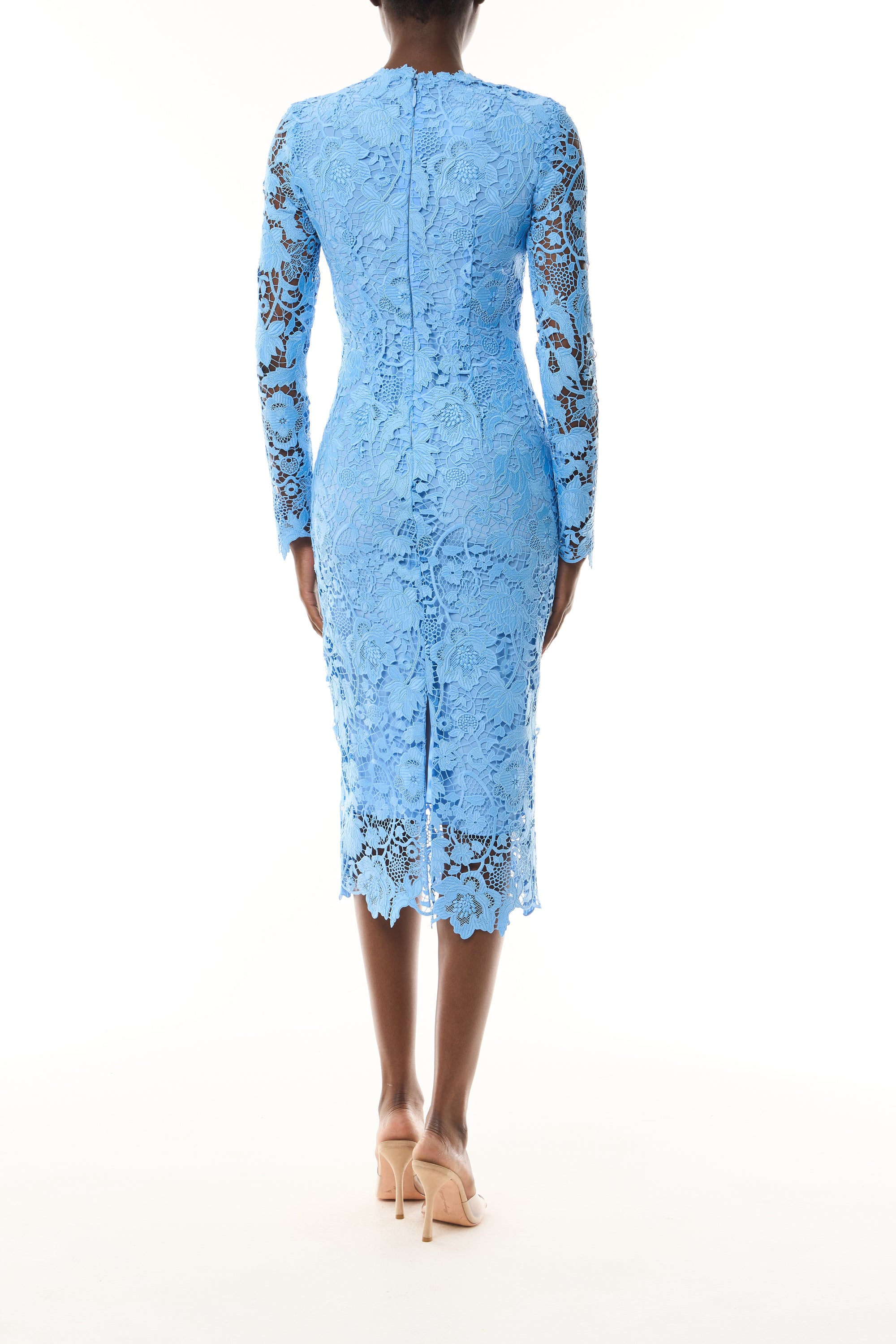 Monique Lhuillier Fall 2023 Bluebelle Lace Long Sleeve Midi Dress - back.