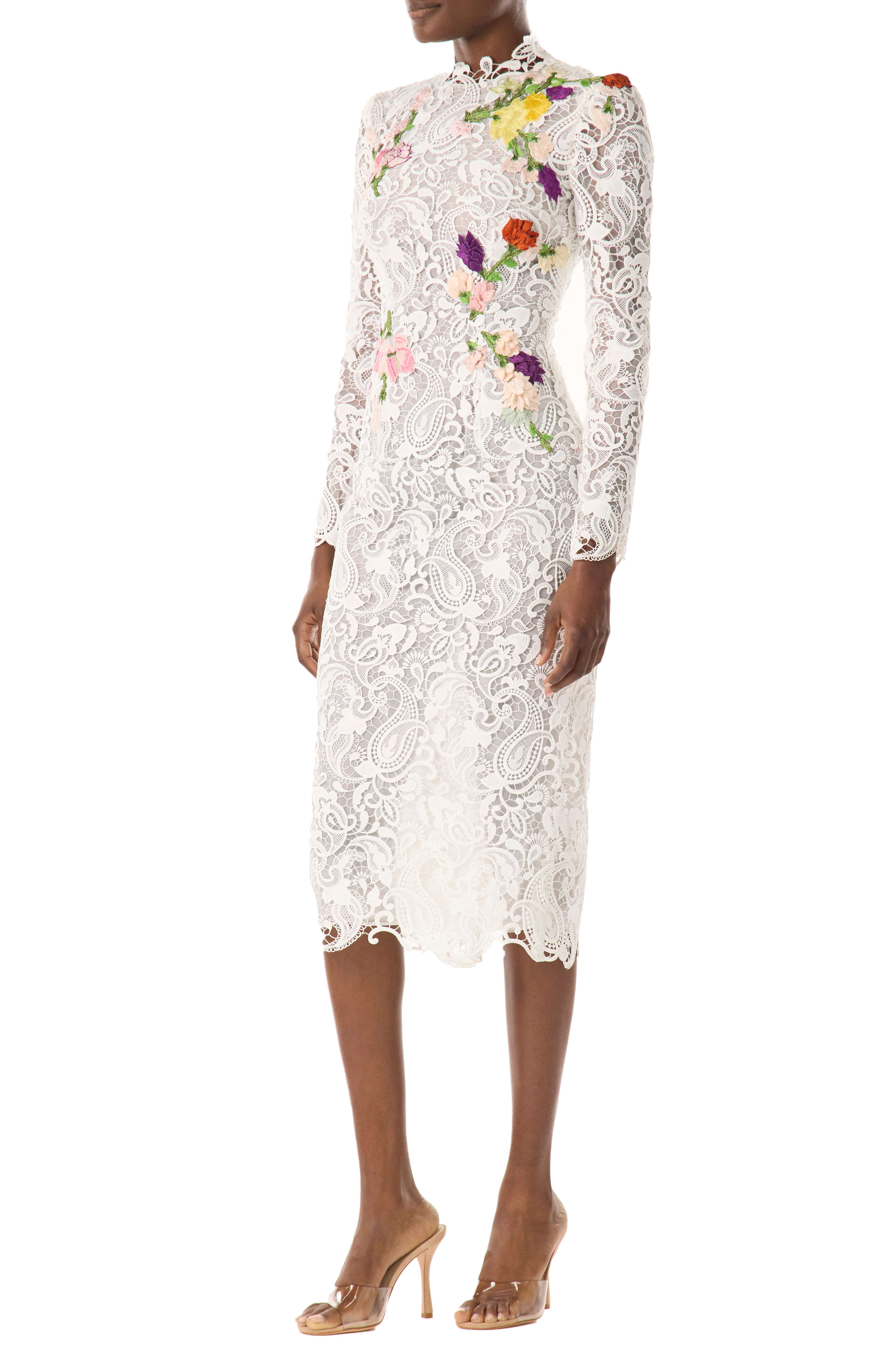 White lace long 2024 sleeve knee length dress