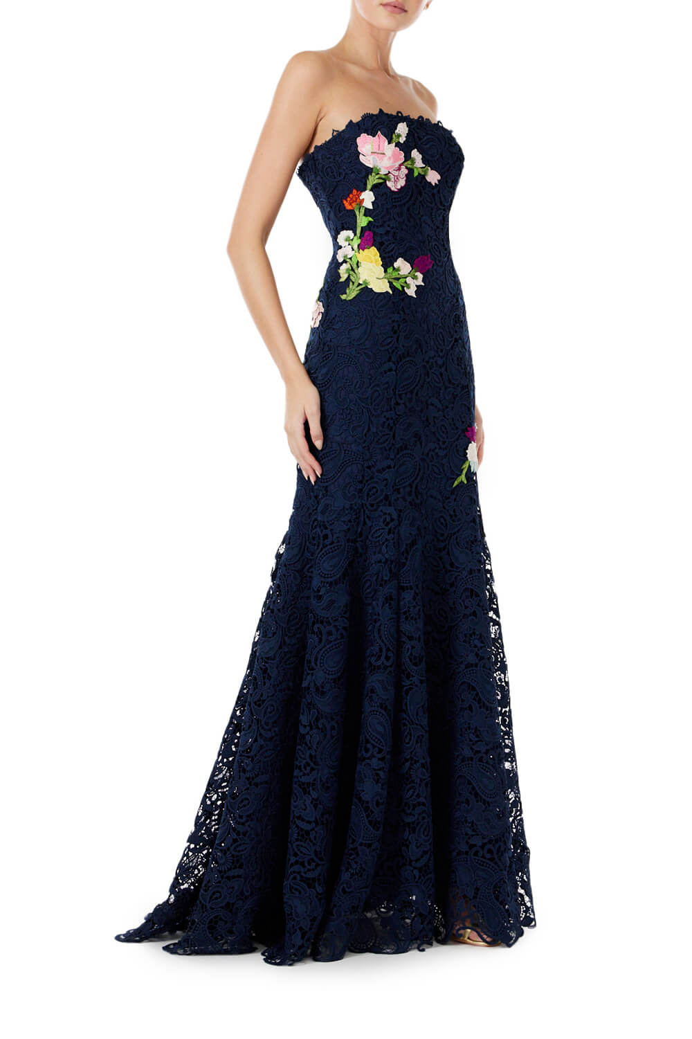 Monique Lhuillier strapless navy lace gown with multi color floral embroidery.