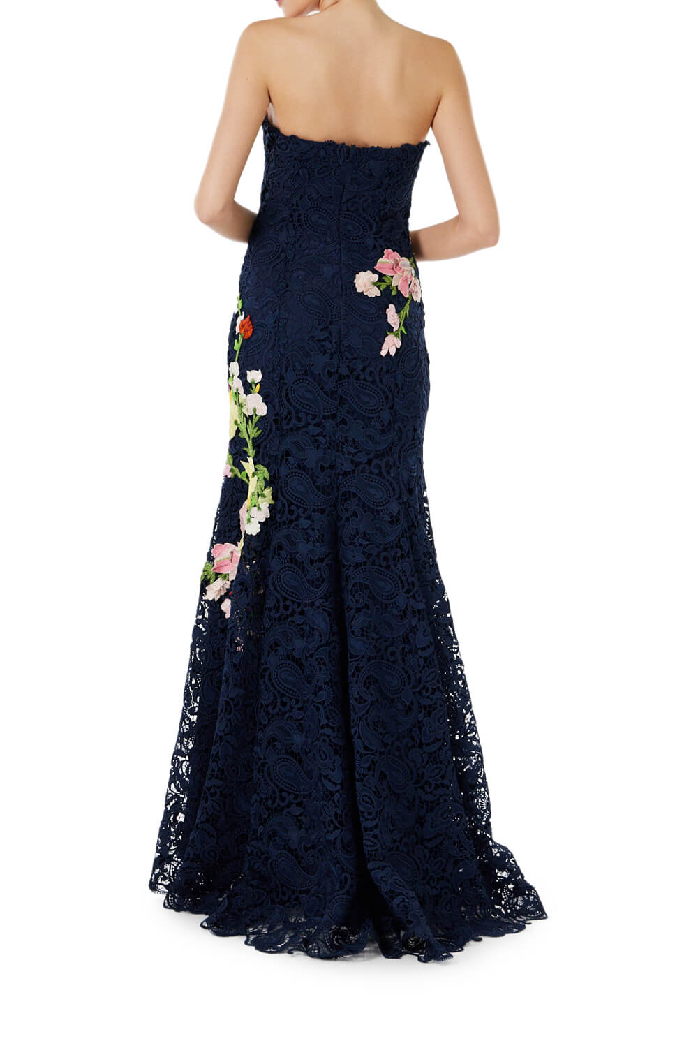 Monique Lhuillier strapless navy lace gown with multi color floral embroidery.