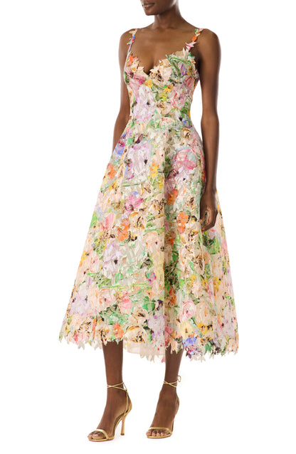 Monique Lhuillier floral printed lace midi dress.