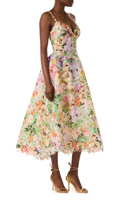 Monique Lhuillier floral printed lace midi dress.