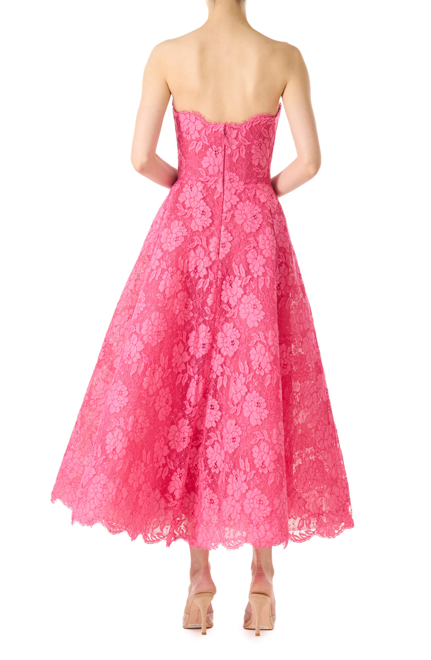 Monique Lhuillier strapless pink lace cocktail dress with full skirt.
