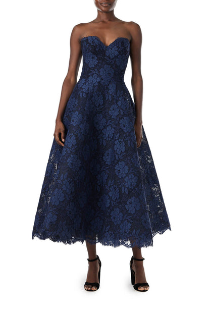 Monique Lhuillier navy lace strapless tea-length dress.