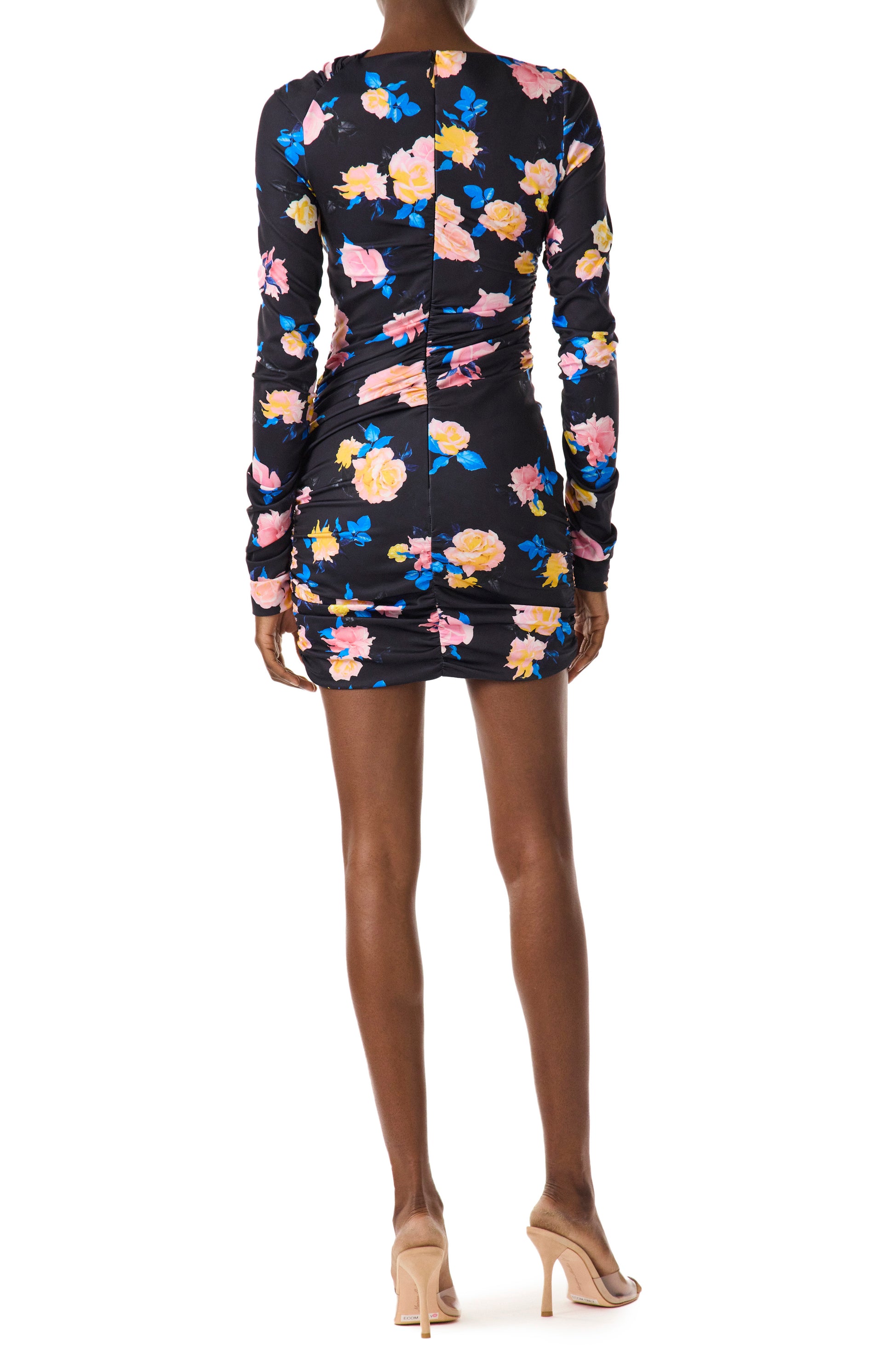 Monique Lhuillier floral printed long sleeve mini dress in navy multi colors.