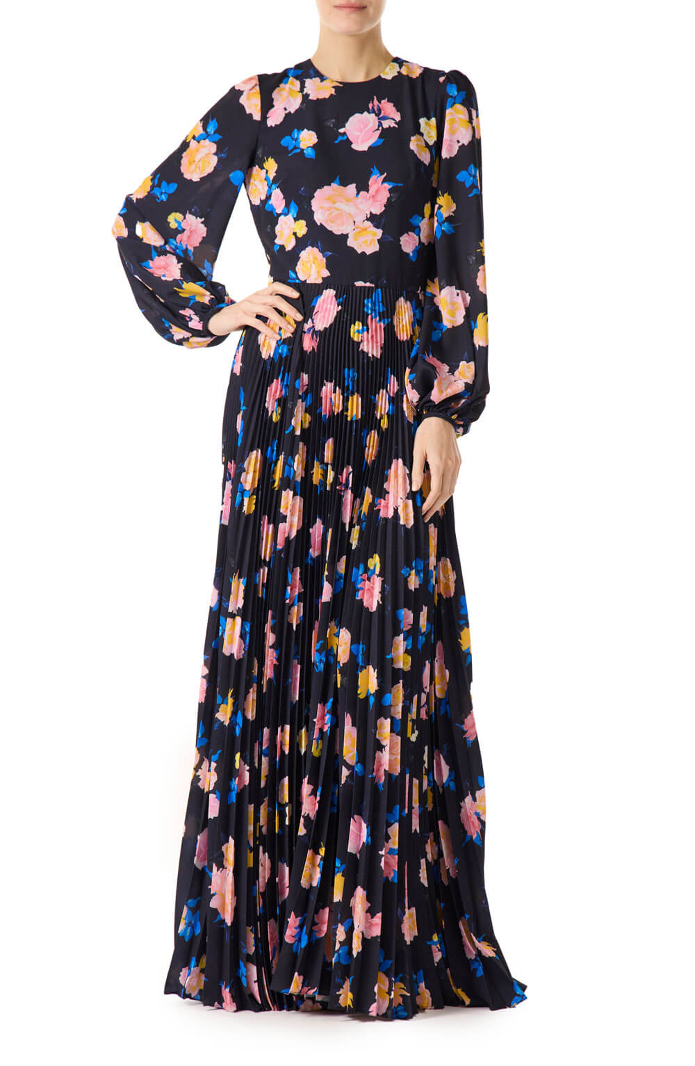Monique Lhuillier long sleeve pleated gown in navy floral printed crepe fabric.