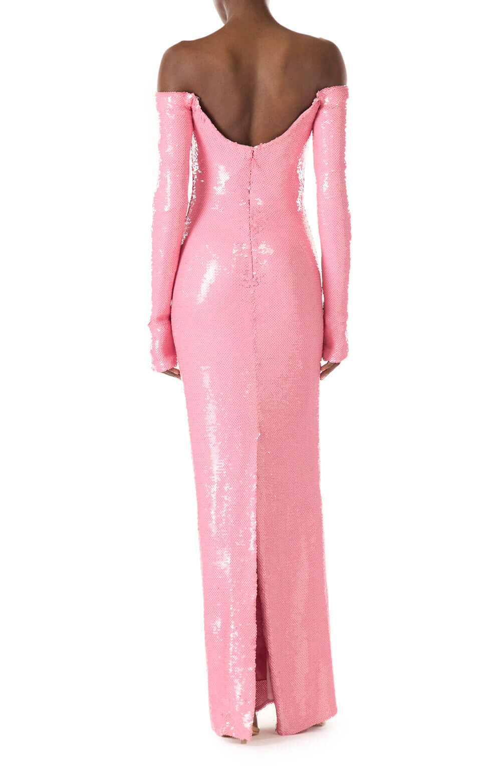 Monique Lhuillier pink sequin column gown with long sleeves and a scoop neckline.