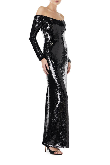 Monique Lhuillier long sleeve gown in black sequin.