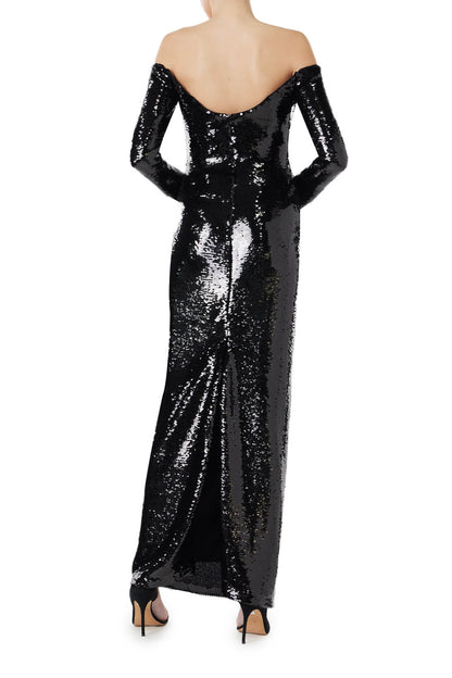 Monique Lhuillier long sleeve gown in black sequin.