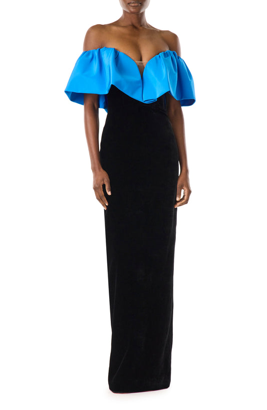 Monique Lhuillier off the shoulder gown in cobalt blue faille bodice and noir velvet skirt.