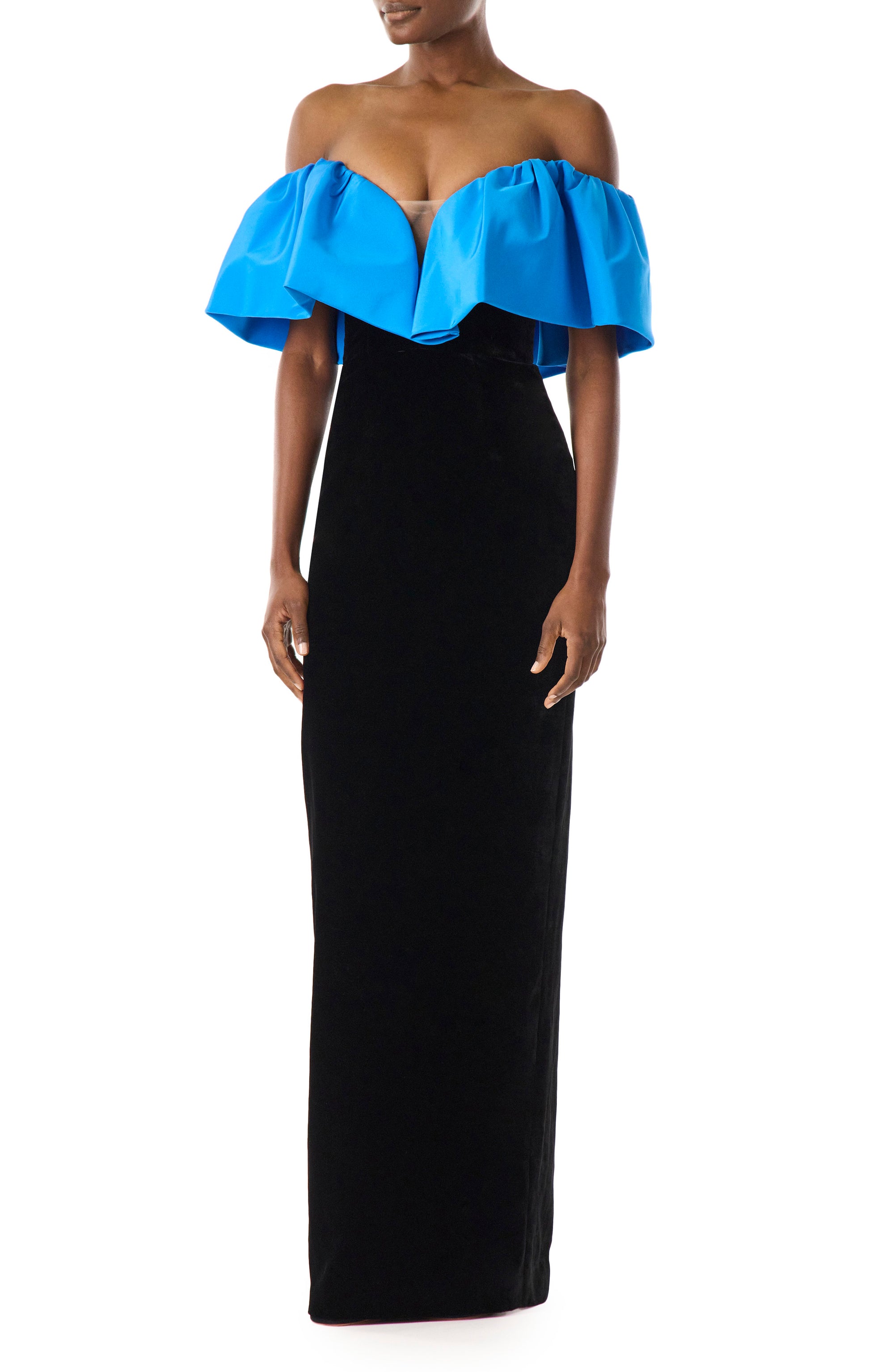 Monique Lhuillier off the shoulder gown in cobalt blue faille bodice and noir velvet skirt.