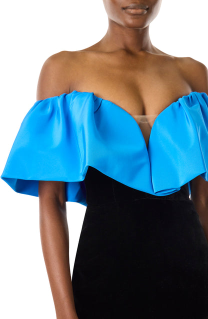 Monique Lhuillier off the shoulder gown in cobalt blue faille bodice and noir velvet skirt.