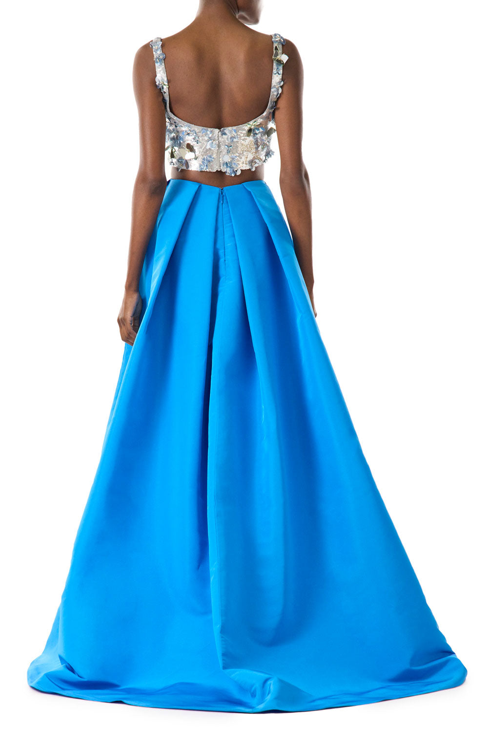 Monique Lhuillier cobalt blue silk faille ballgown skirt with pockets and high slit.  Shown with a silver embroidered crop top.