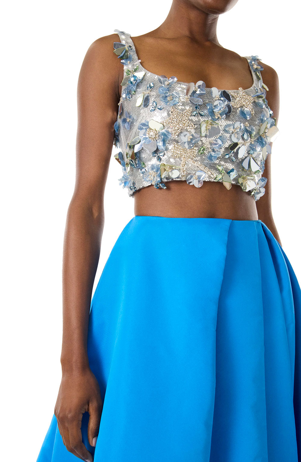 Monique Lhuillier cobalt blue silk faille ballgown skirt with pockets and high slit.  Shown with a silver embroidered crop top.