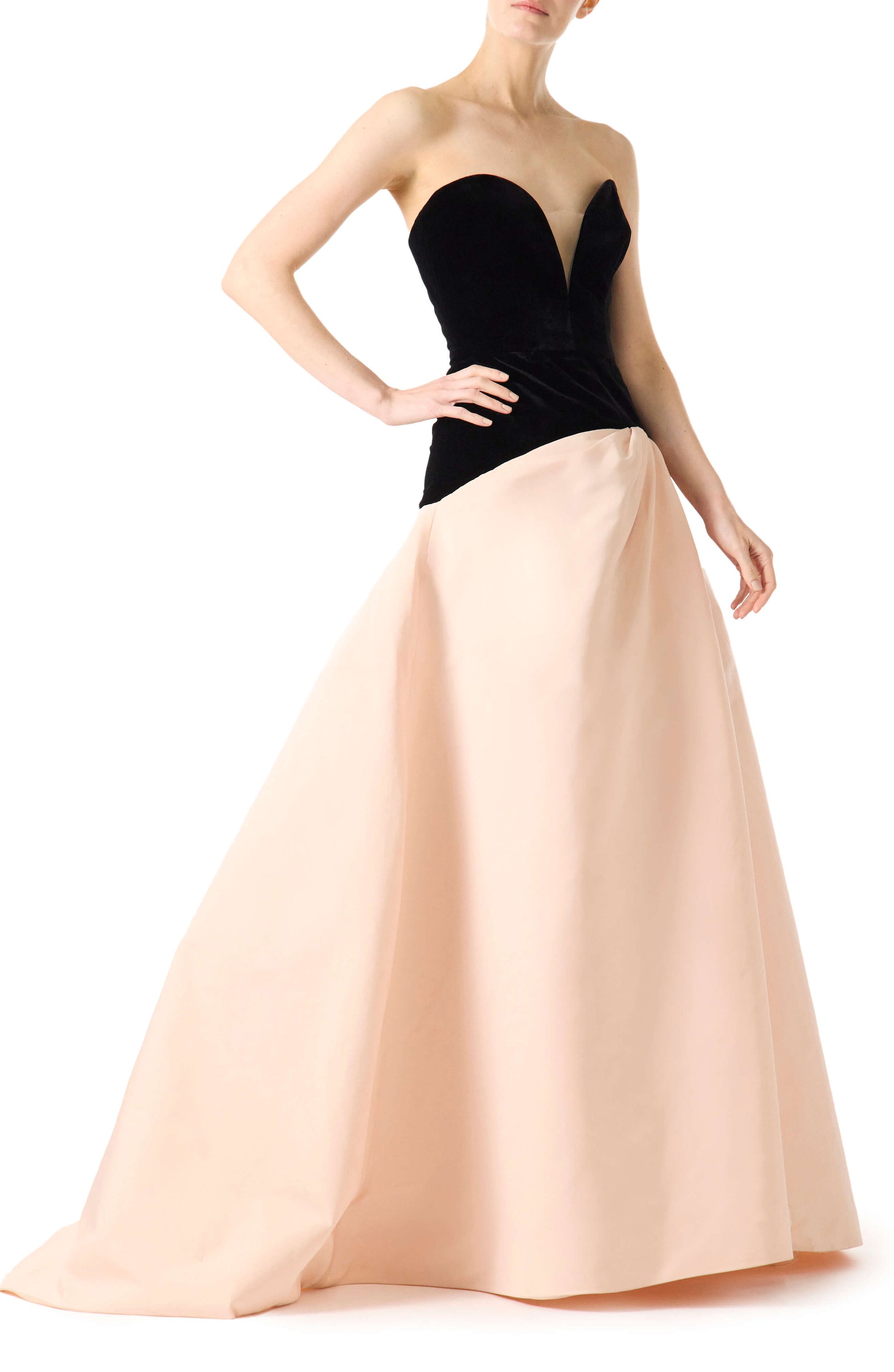 Monique Lhuillier pale blush and noir strapless ballgown with sweetheart neckline, drop waist and high slit in skirt.  