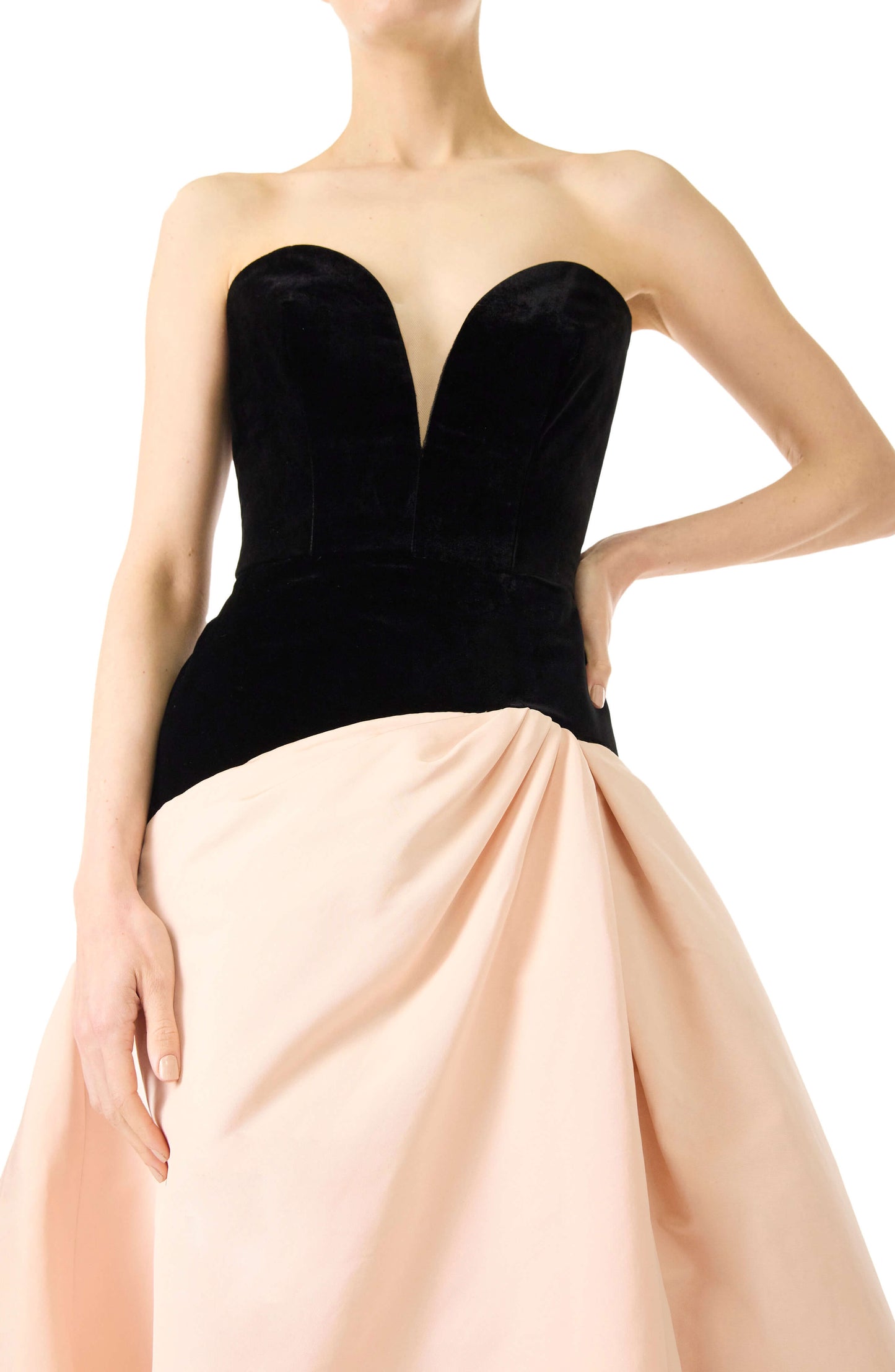 Monique Lhuillier pale blush and noir strapless ballgown with sweetheart neckline, drop waist and high slit in skirt.  