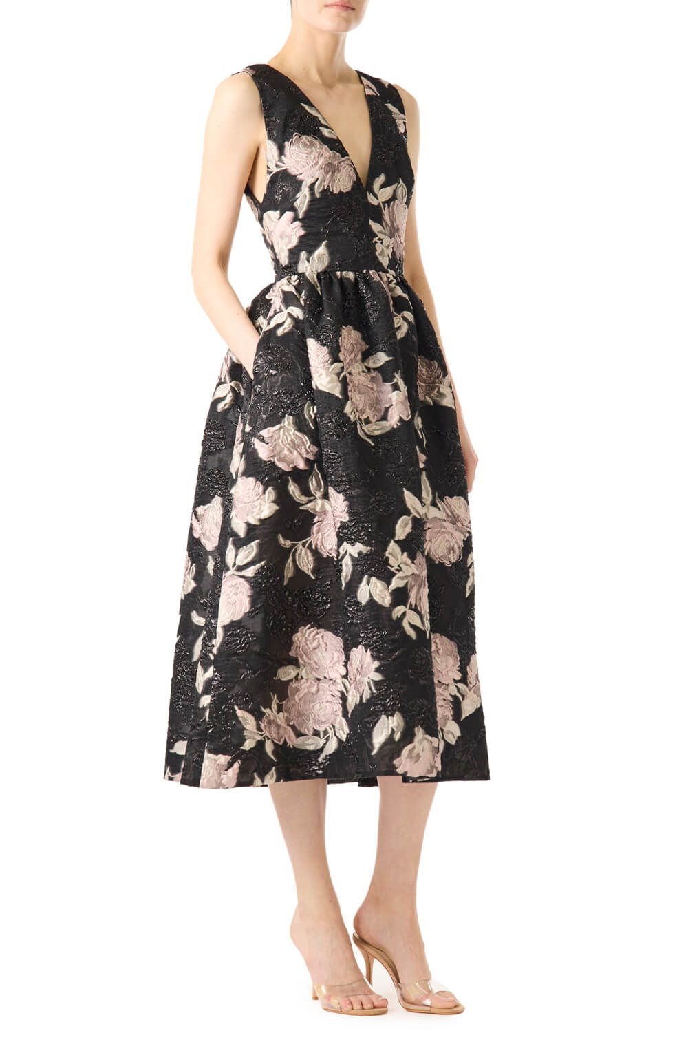 Metallic Floral Print Jacquard Gown With Off The Shoulder Neckline In