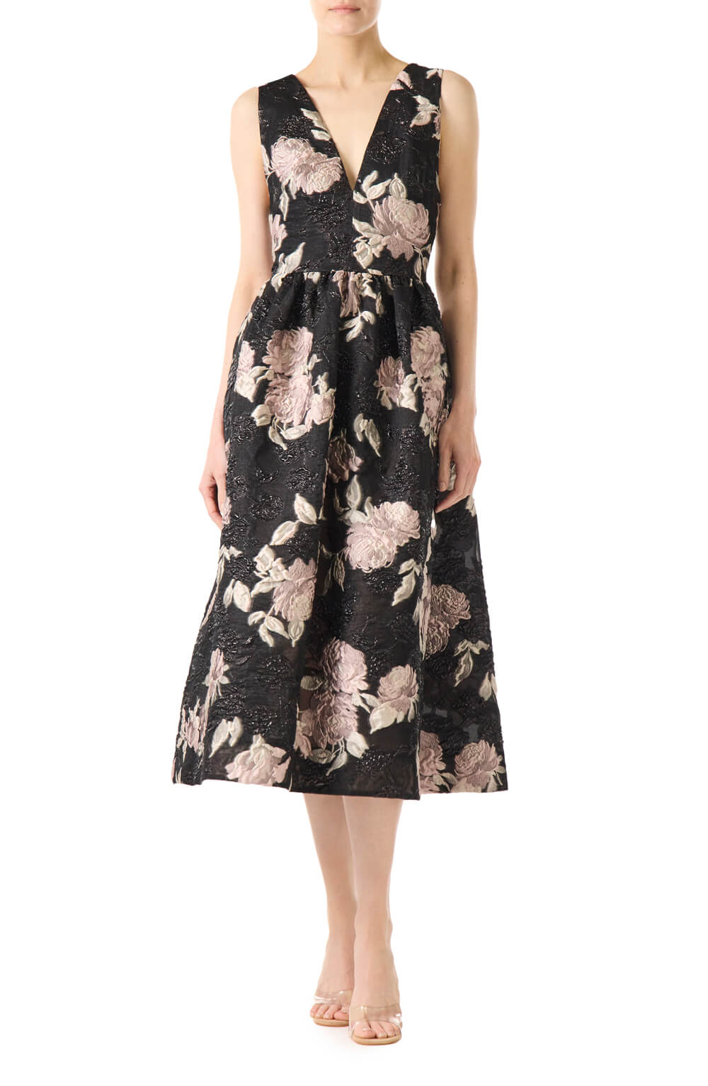 Monique Lhuillier floral jacquard midi dress with deep v neck and pockets.