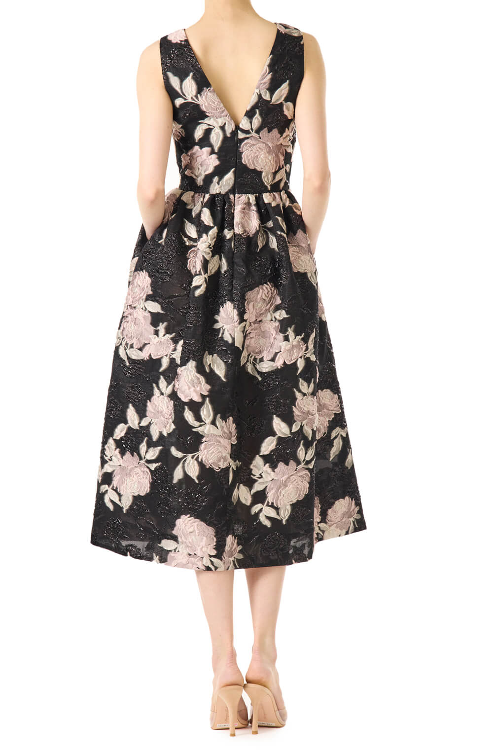 Monique Lhuillier floral jacquard midi dress with deep v neck and pockets.