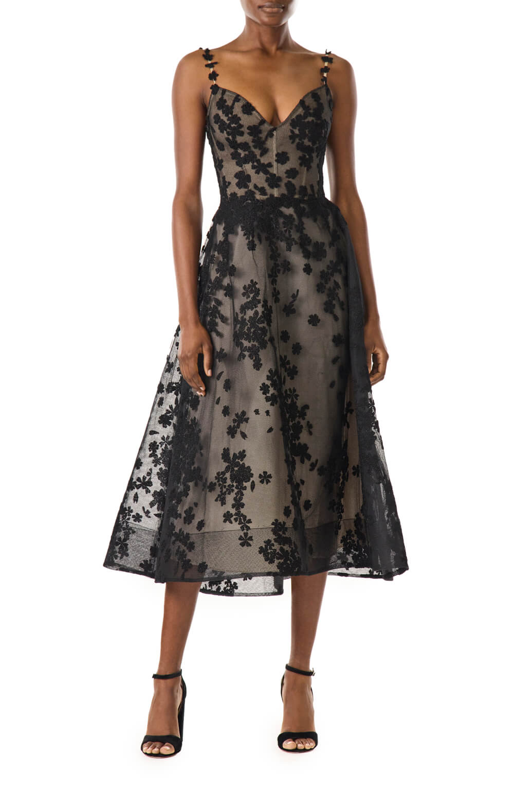 Monique Lhuillier black lace and embroidered tulle aline cocktail dress with spaghetti straps.