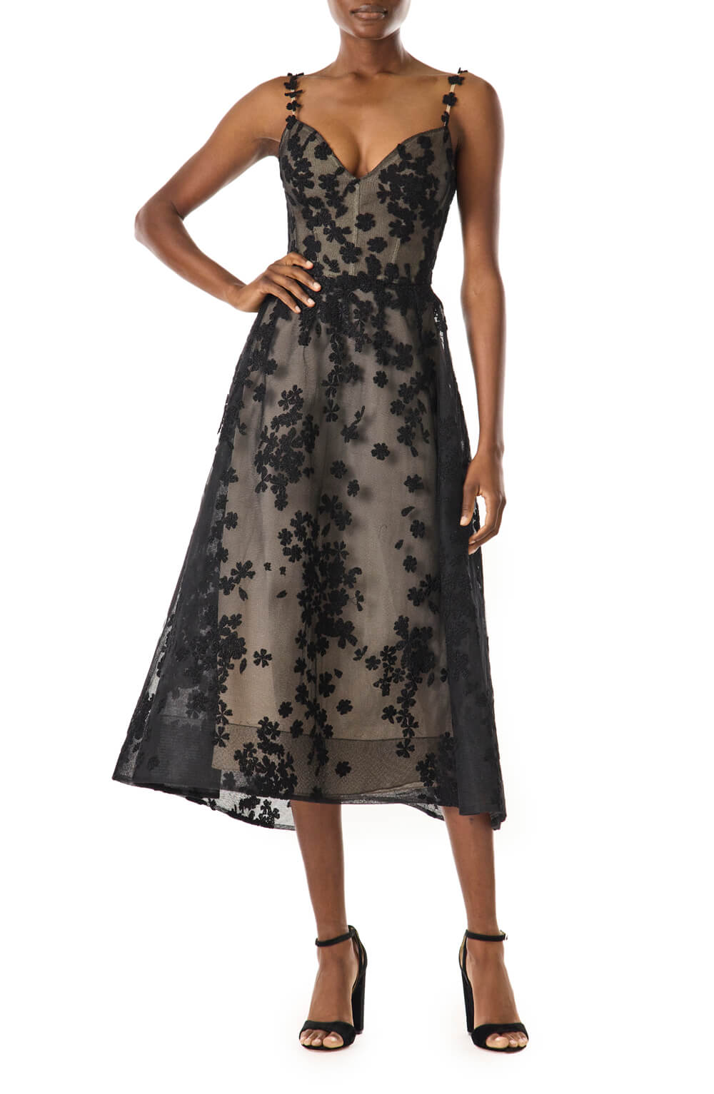 Monique Lhuillier black lace and embroidered tulle aline cocktail dress with spaghetti straps.