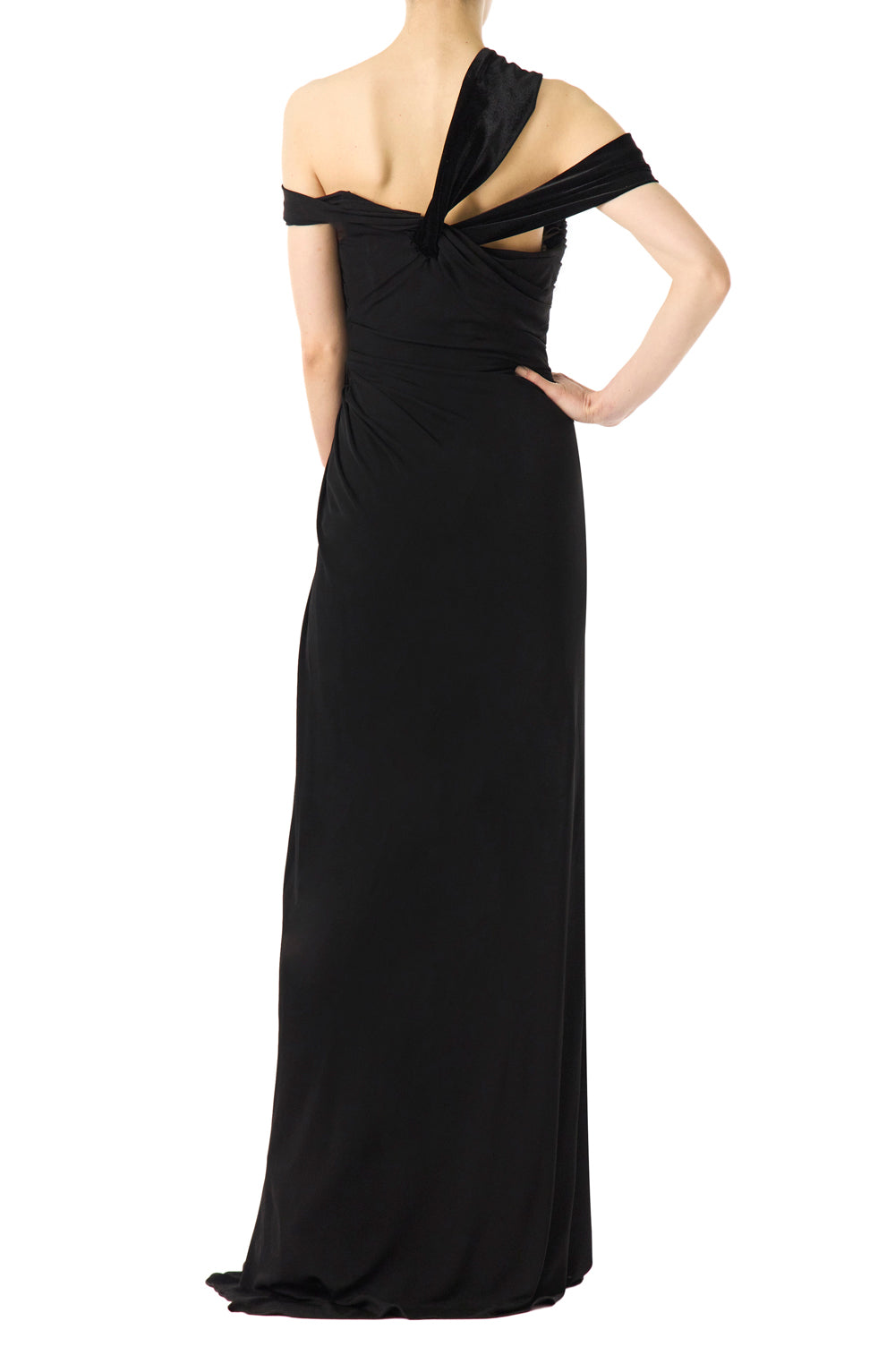 Monique Lhuillier asymmetric neckline gown in black jersey and velvet with draped bodice and front slit.
