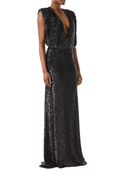 Monique Lhuillier black stretch sequin gown with deep v-neck front.