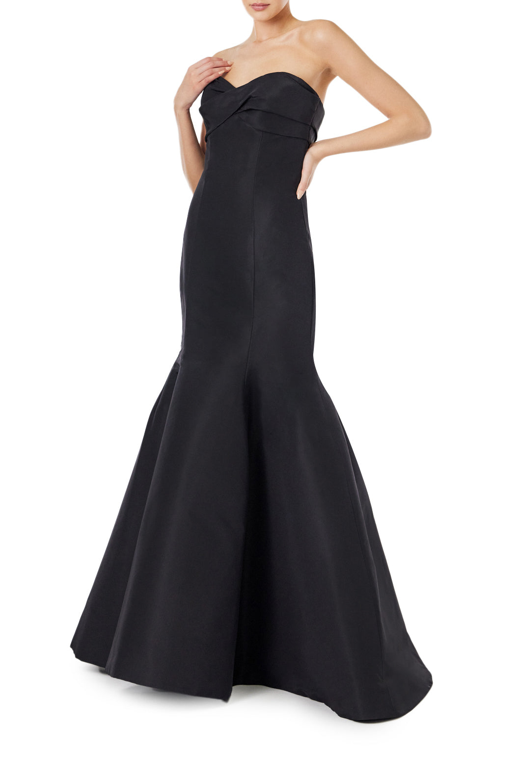 Monique Lhuillier black silk faille strapless gown with mermaid skirt.