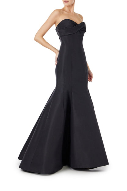 Monique Lhuillier black silk faille strapless gown with mermaid skirt.