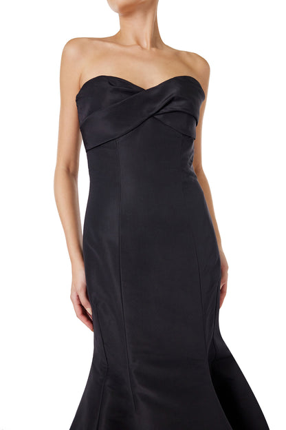 Monique Lhuillier black silk faille strapless gown with mermaid skirt.