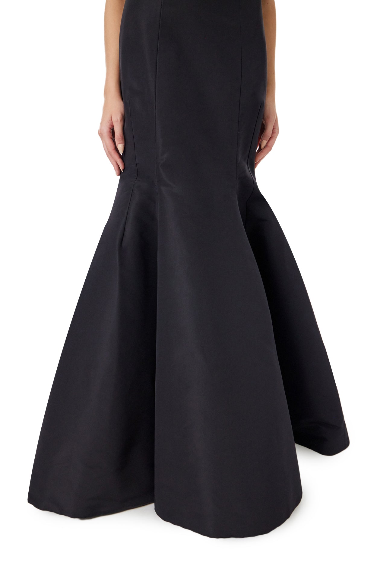 Monique Lhuillier black silk faille strapless gown with mermaid skirt.