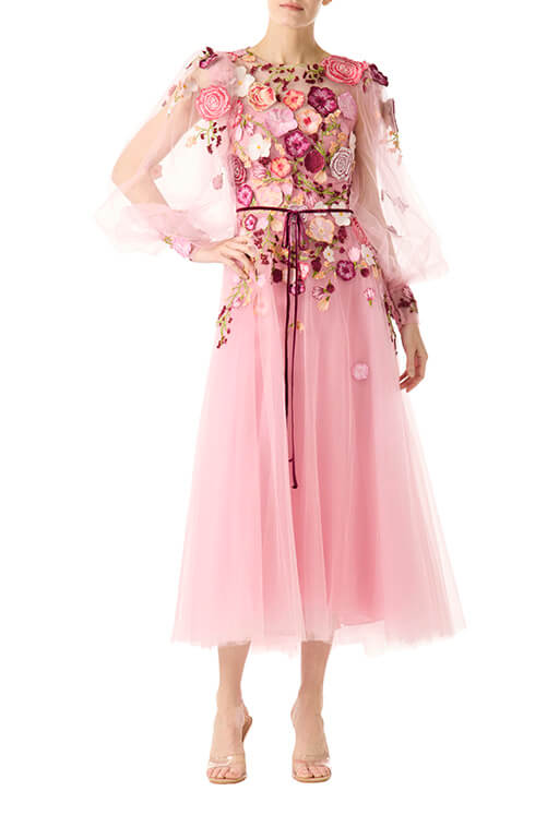 Monique Lhuillier jewel neck midi dress with sheer long sleeves in pink tulle and 3d floral embroidery.Monique Lhuillier jewel neck midi dress with sheer long sleeves in pink tulle and 3d floral embroidery.