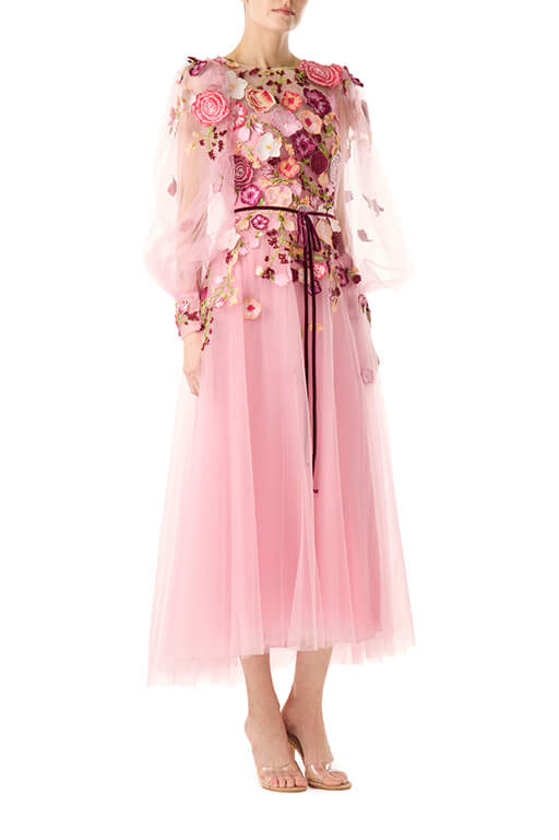 Monique Lhuillier jewel neck midi dress with sheer long sleeves in pink tulle and 3d floral embroidery.