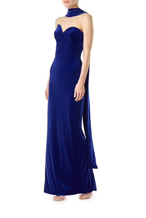 Monique Lhuillier strapless gown in navy velour fabric with asymmetrical sweetheart neckline and detached neck scarf.