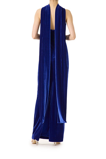 Monique Lhuillier strapless gown in navy velour fabric with asymmetrical sweetheart neckline and detached neck scarf.