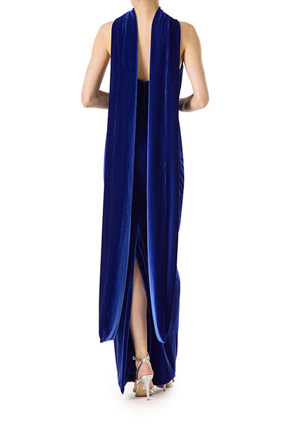 Monique Lhuillier strapless gown in navy velour fabric with asymmetrical sweetheart neckline and detached neck scarf.