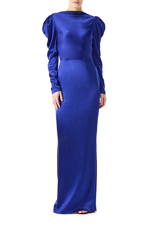 Monique Lhuillier long sleeve royal blue gown with Bateau neckline and velour detached sash.
