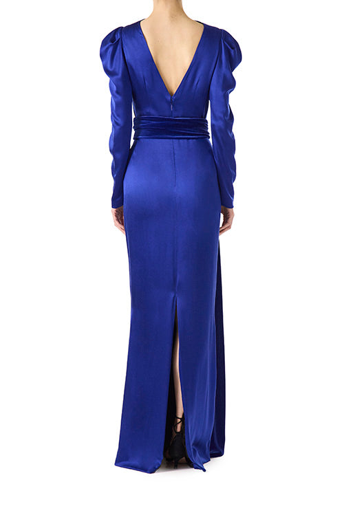 Monique Lhuillier long sleeve royal blue gown with Bateau neckline and velour detached sash.