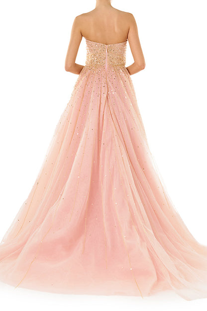 Monique Lhuillier strapless ballgown in rose colored tulle and gold embroidery.