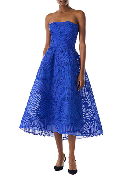 Monique Lhuillier embroidered royal blue strapless cocktail dress with tea-length full skirt.