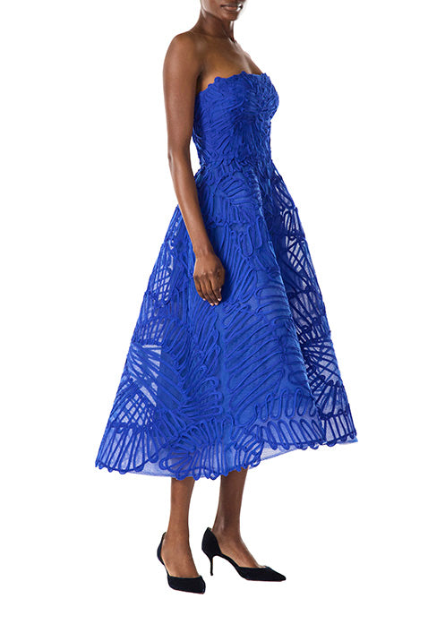 Monique Lhuillier embroidered royal blue strapless cocktail dress with tea-length full skirt.