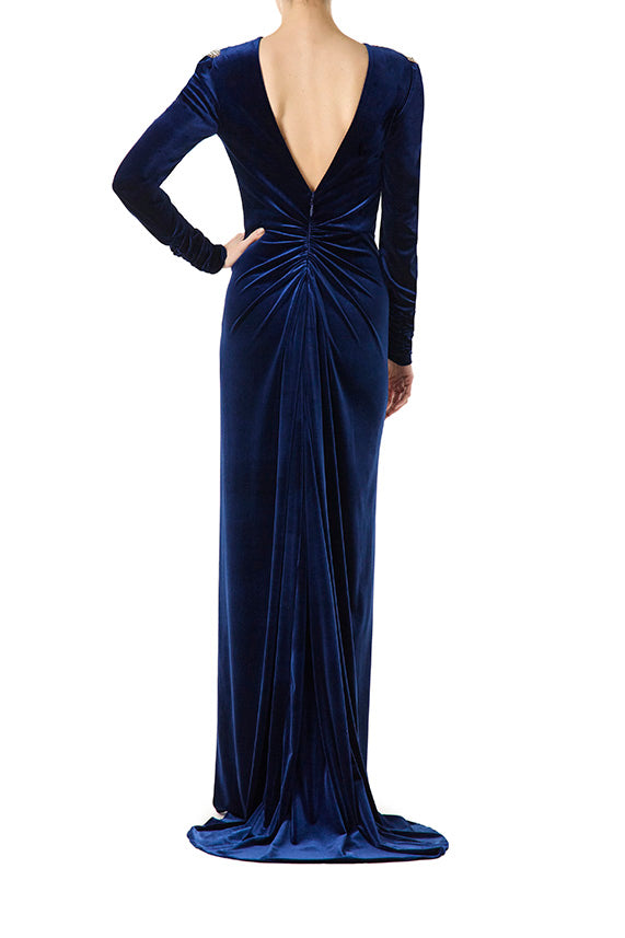Monique Lhuillier navy velour gown with long sleeves, ruched back and embroidery.