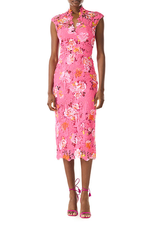 Monique Lhuillier fuchsia printed lace dress with v-neck and midi-length.